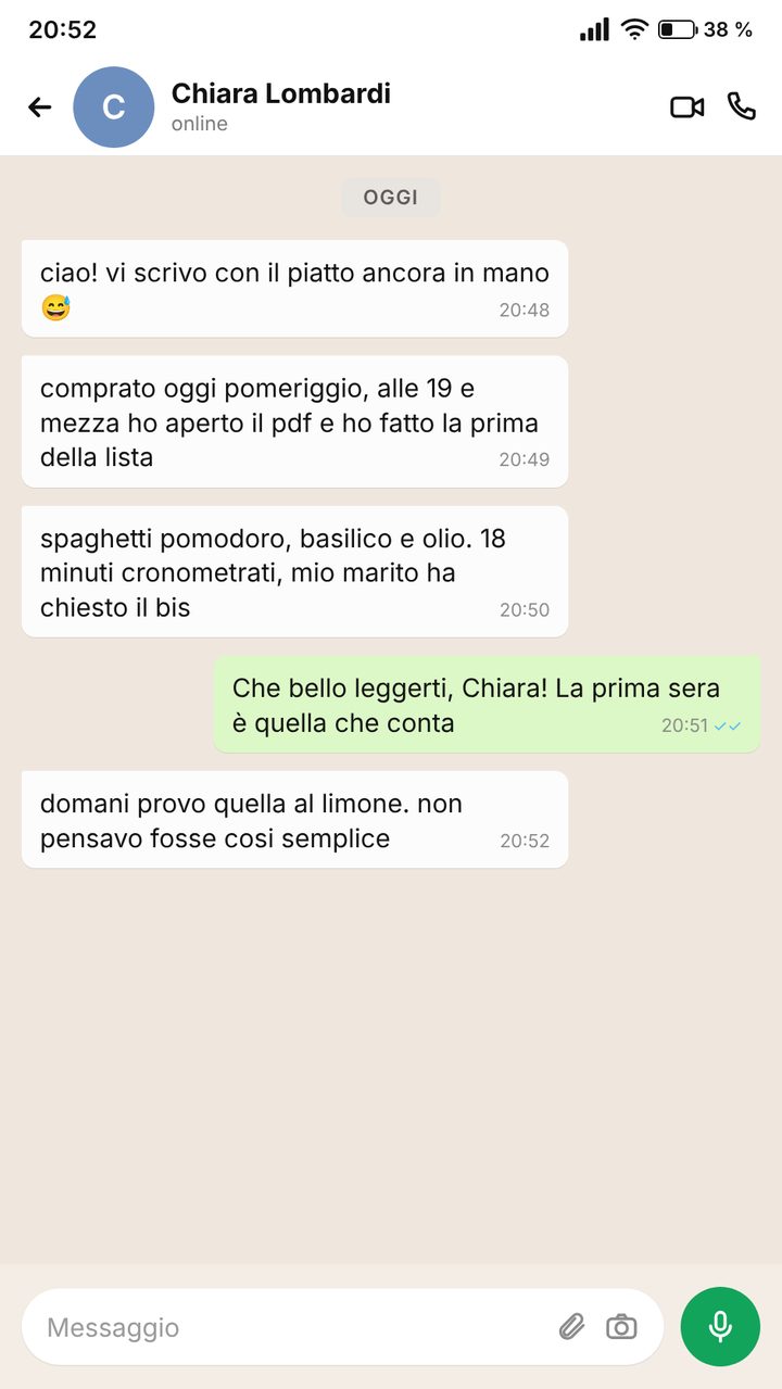 Messaggio di una cliente sulla prima cena